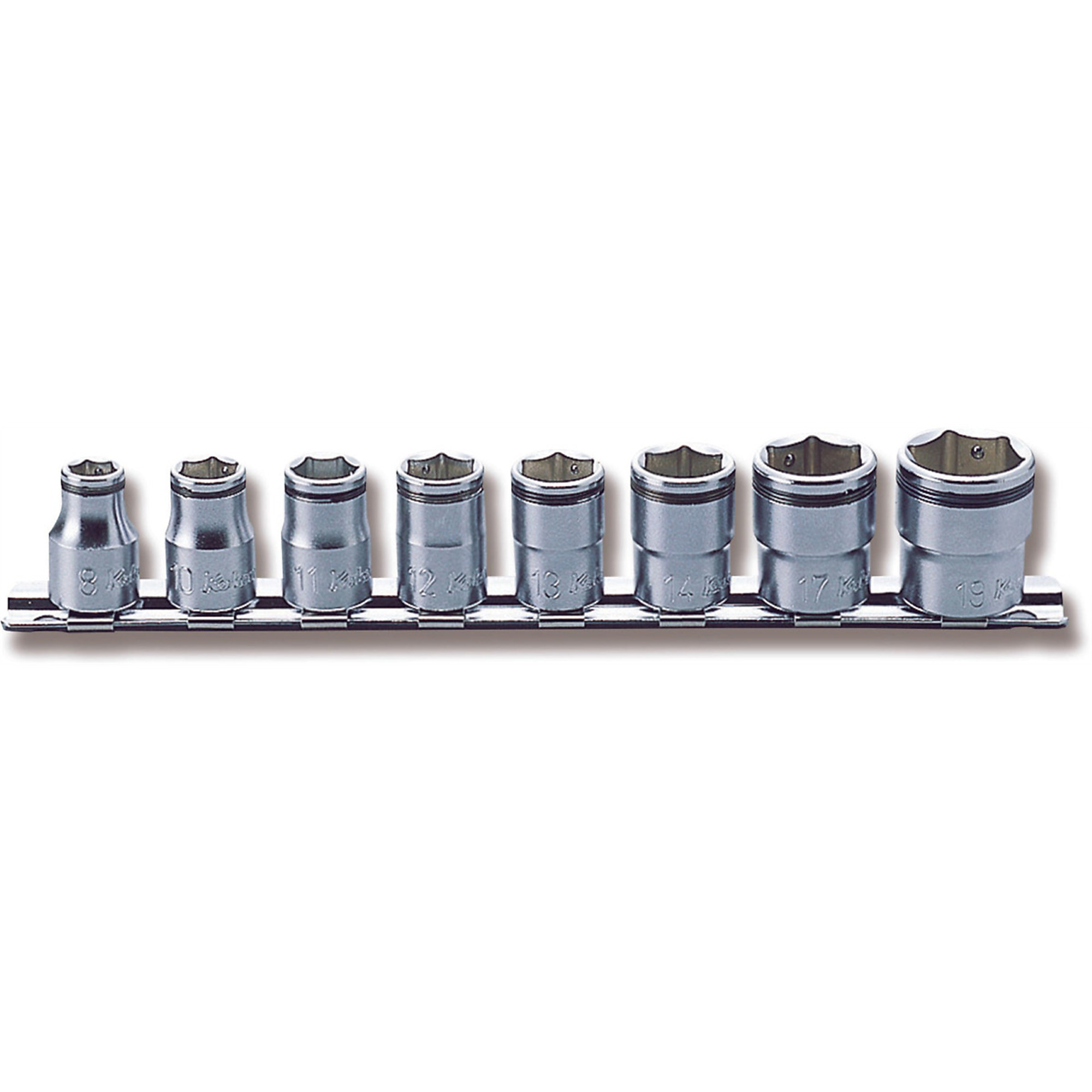 Ko-ken USA 3/8in. Sq. Dr. Socket Set — 8mm to 19mm, Nut Grip, 8 Pcs, Model# KKNRS3450M-8